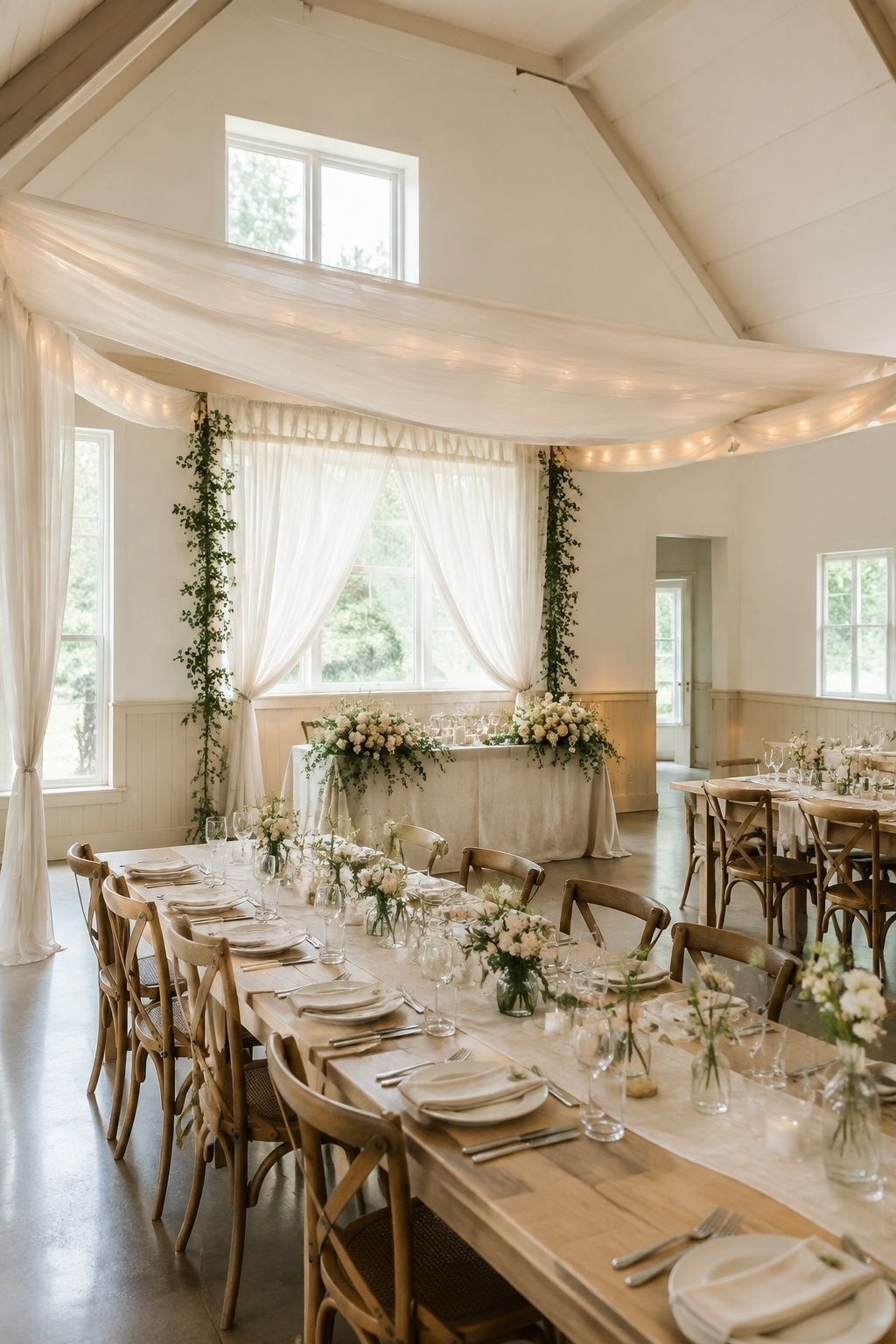 add soft draping for a faux-tent feeling at an intimate indoor summer wedding reception