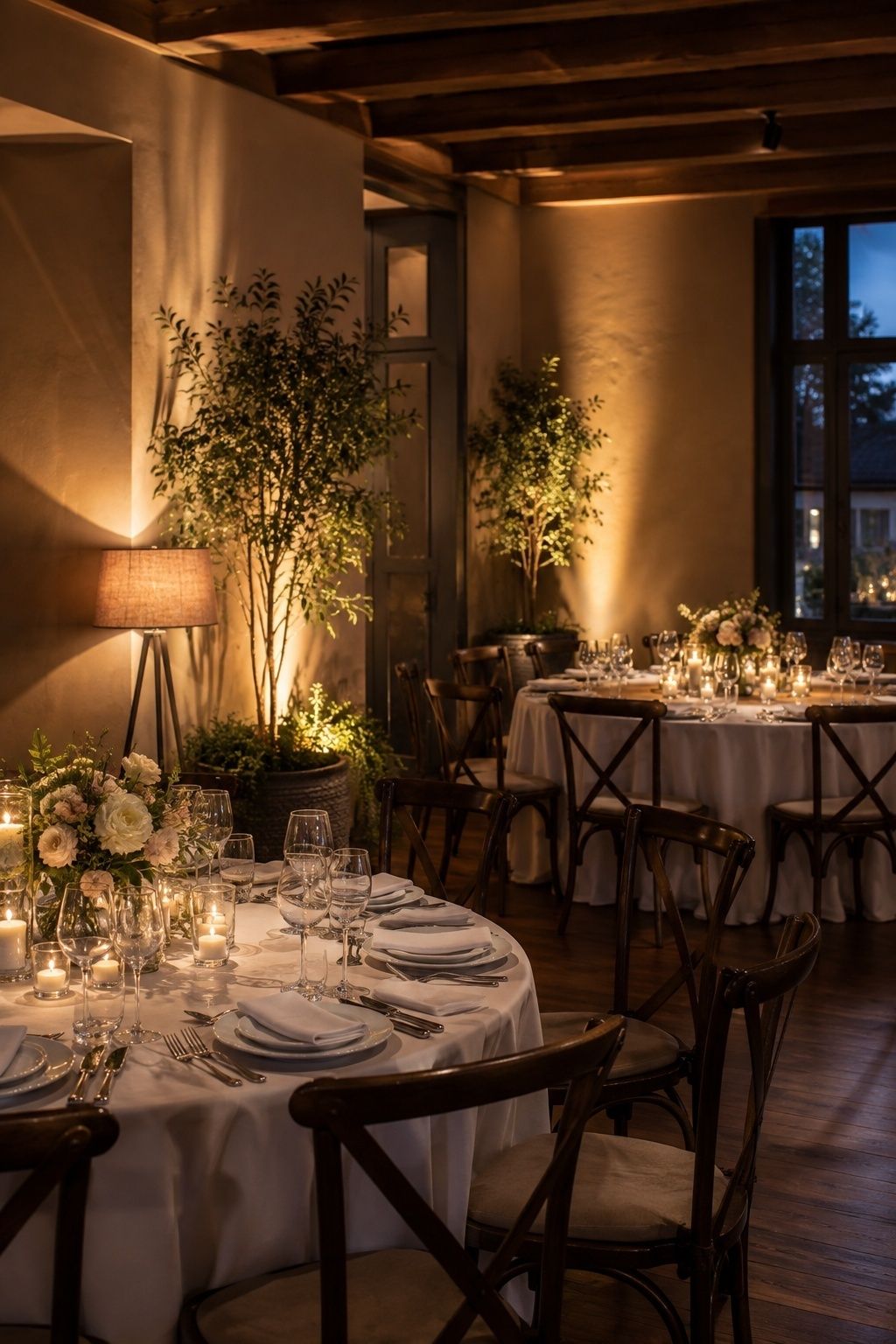 use ambient lighting instead of harsh ballroom light at an intimate indoor summer wedding reception