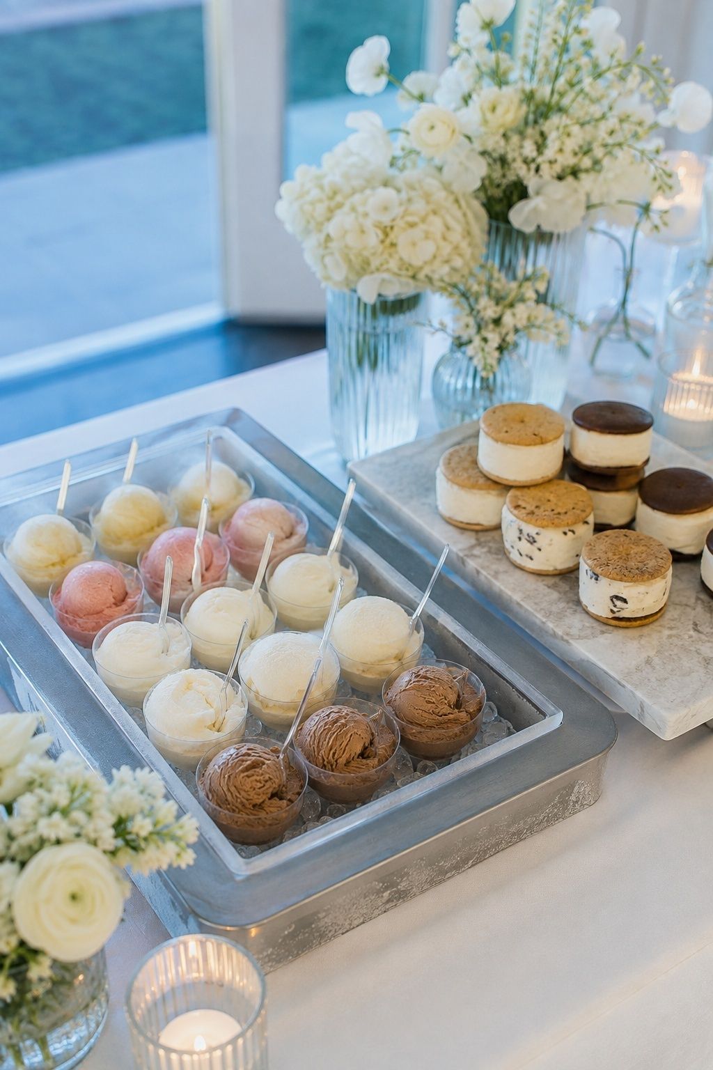 offer gelato, sorbet, or mini frozen desserts at an intimate indoor summer wedding reception