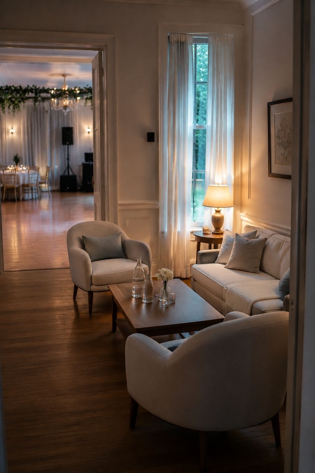create a small lounge for guests who need a break at an intimate indoor summer wedding reception