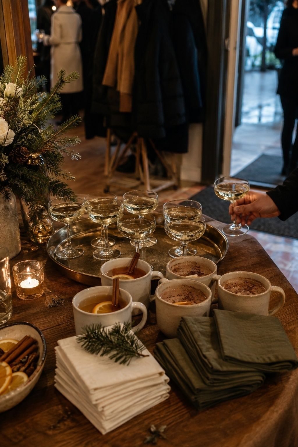 Hot drink and champagne welcome for winter guests