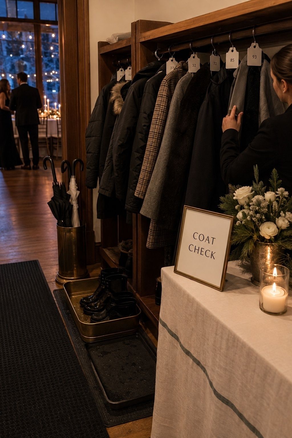 Coat and wet-shoe area at a winter reception