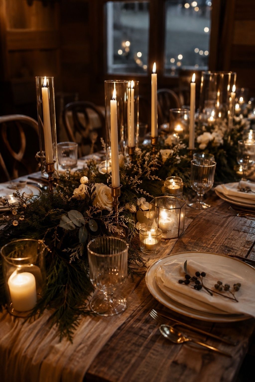Candlelight on winter dinner tables