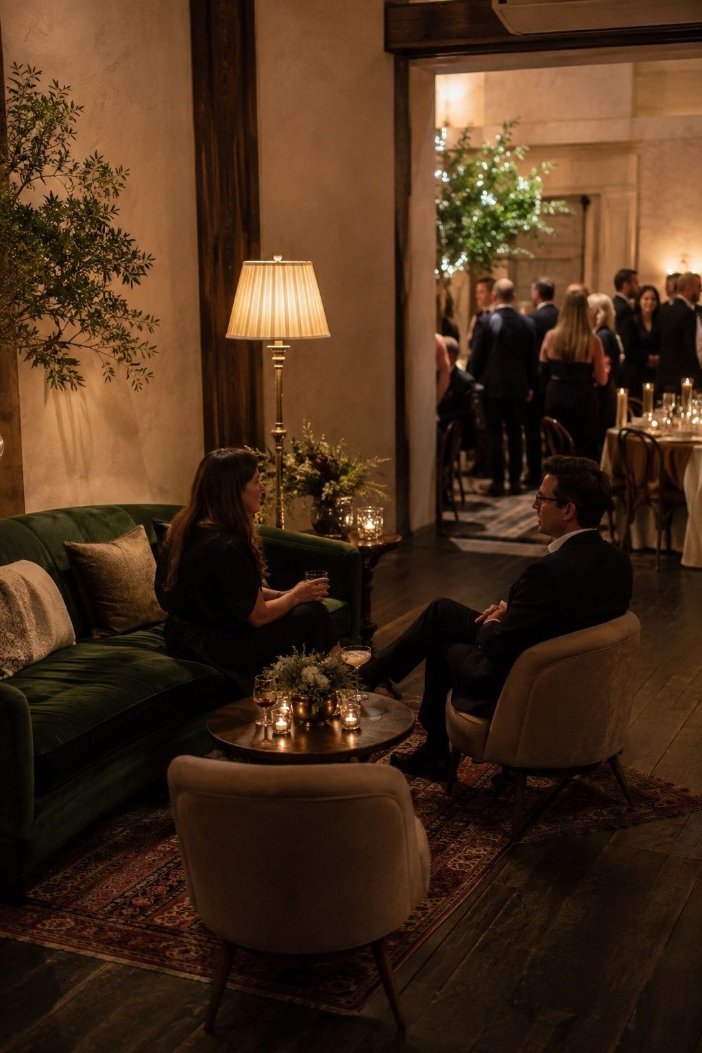 Lounge for conversation between reception events