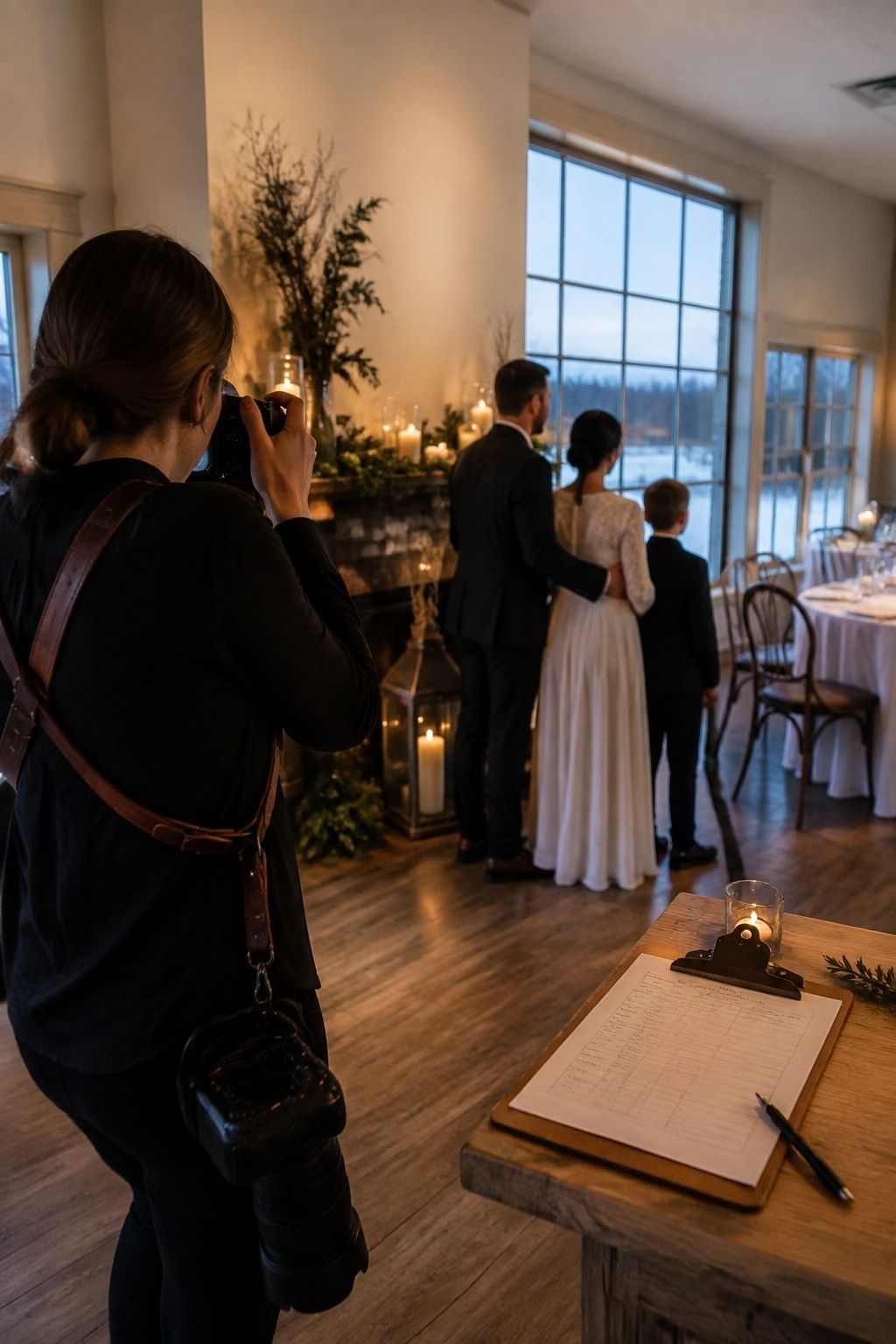Winter wedding photos taken before dark