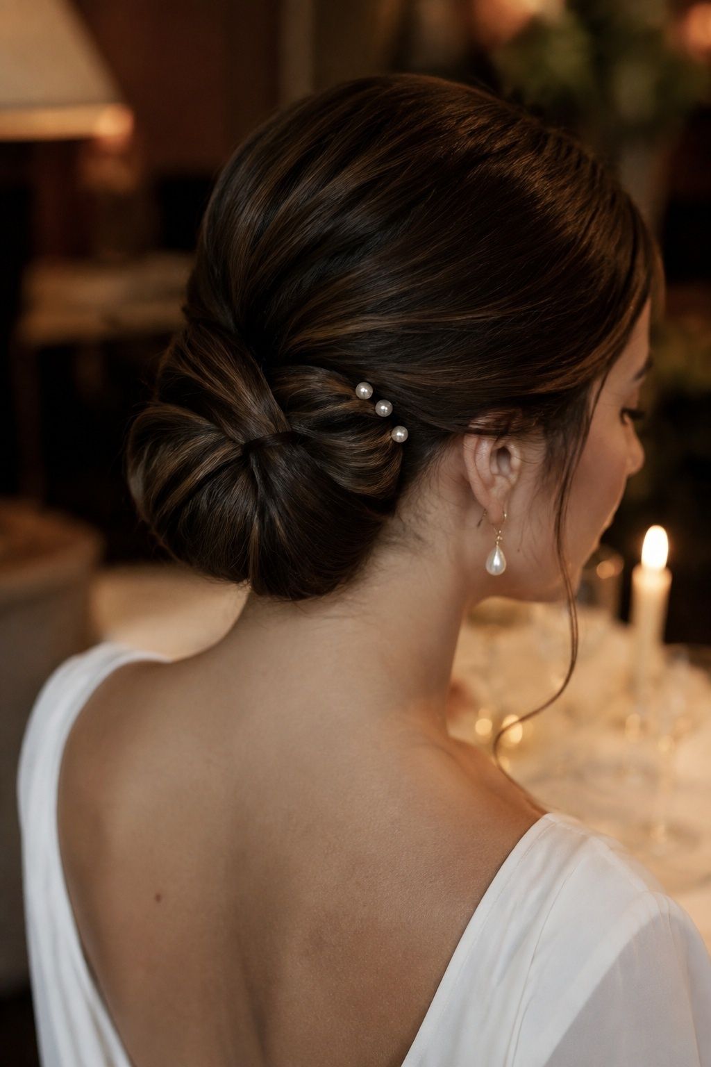 Infinity bun decorated with pearl hair pins