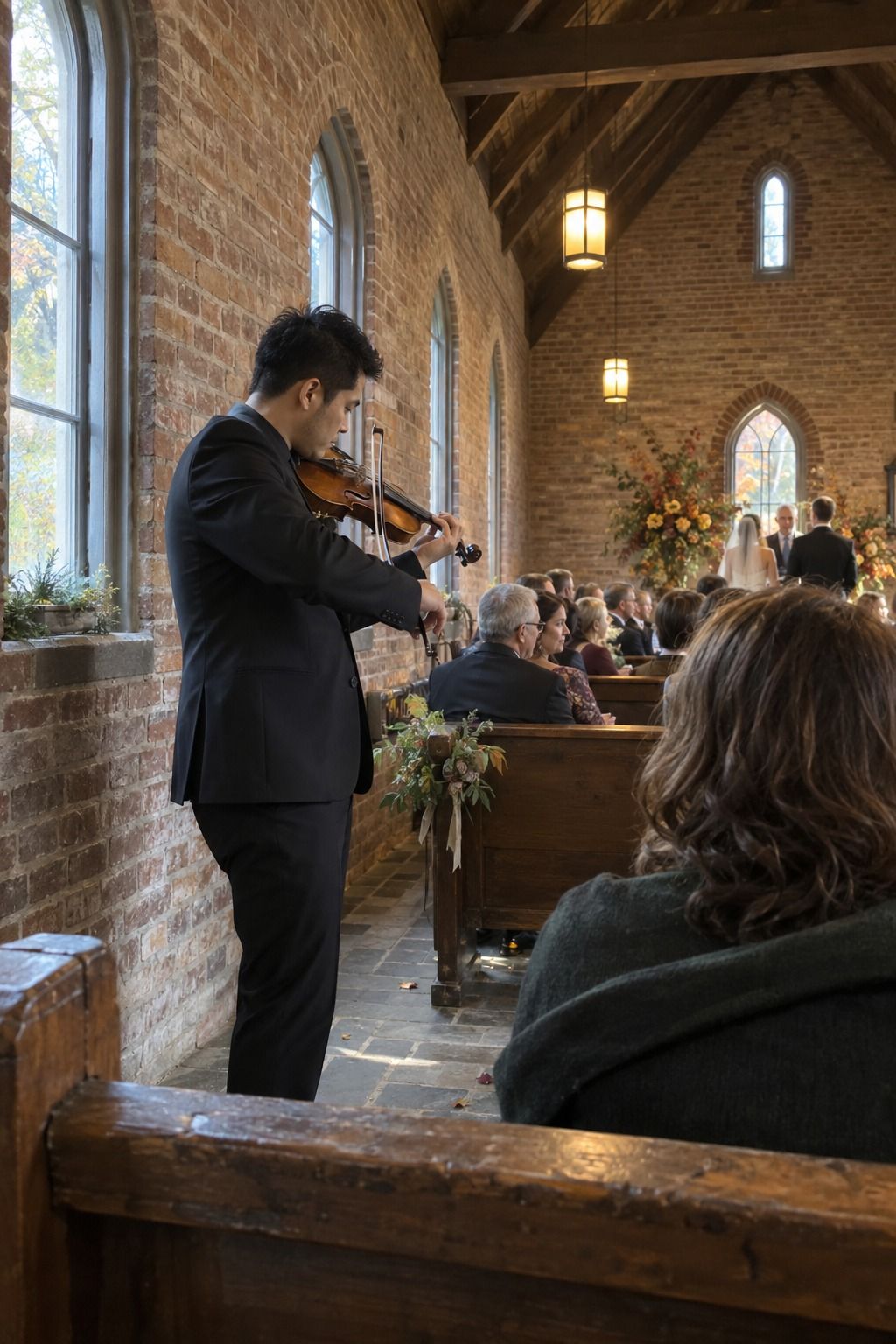 A violinist plays beside the last pew in a tiny brick chapel while guests listen during the ceremony.