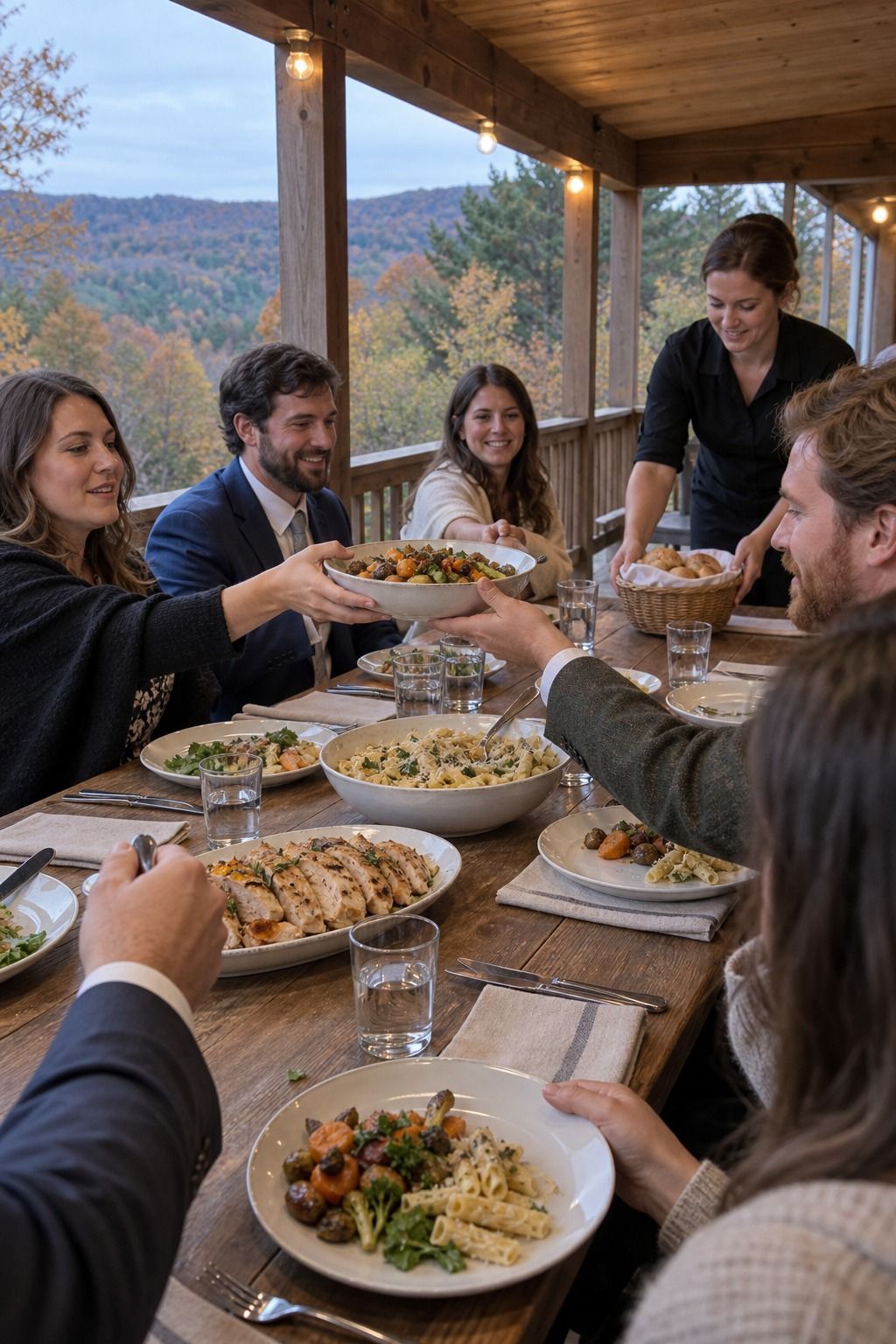 Guests actively pass manageable bowls of pasta, vegetables and chicken at a plant-free covered-porch dinner.