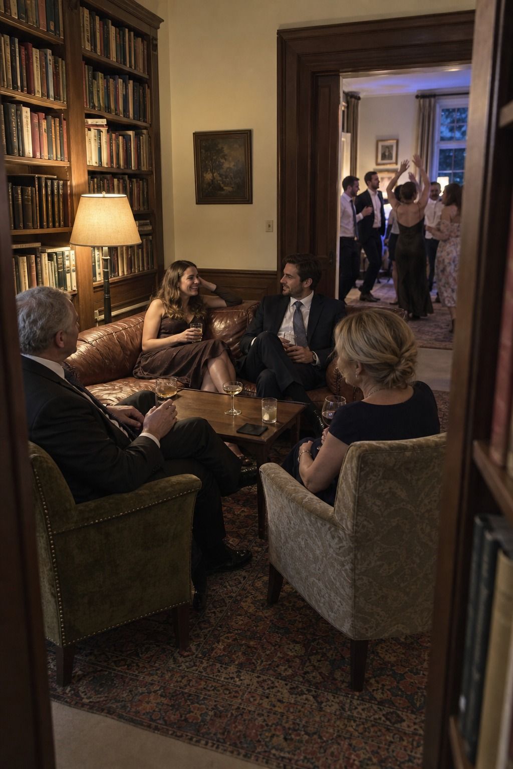 Four guests relax in a plant-free old-library lounge while dancing continues through the adjacent doorway.