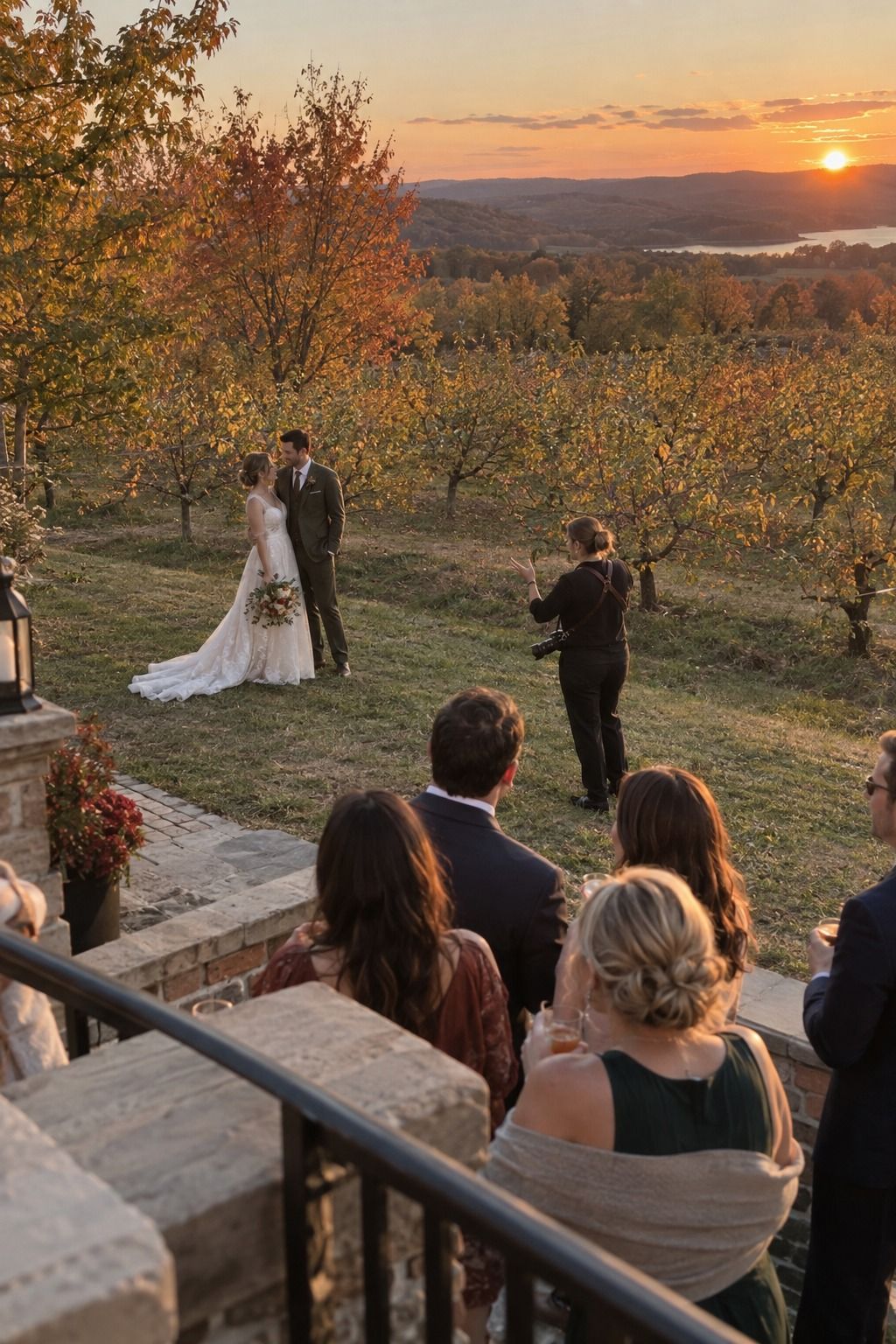 A brief orchard portrait happens within sight of the nearby terrace and waiting guests.