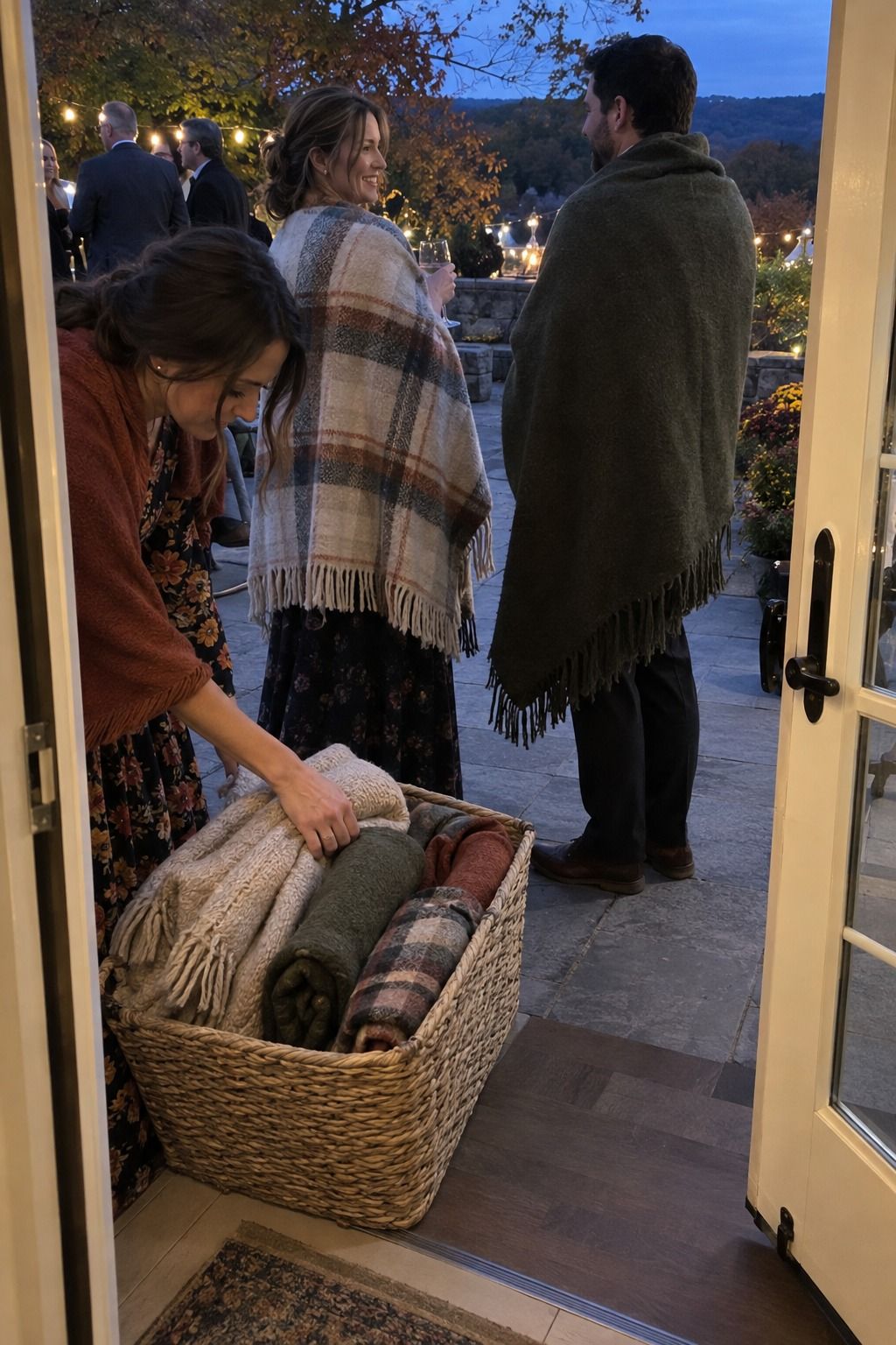 A guest reaches into a doorway basket of coordinated blankets while two people already use throws on the patio.