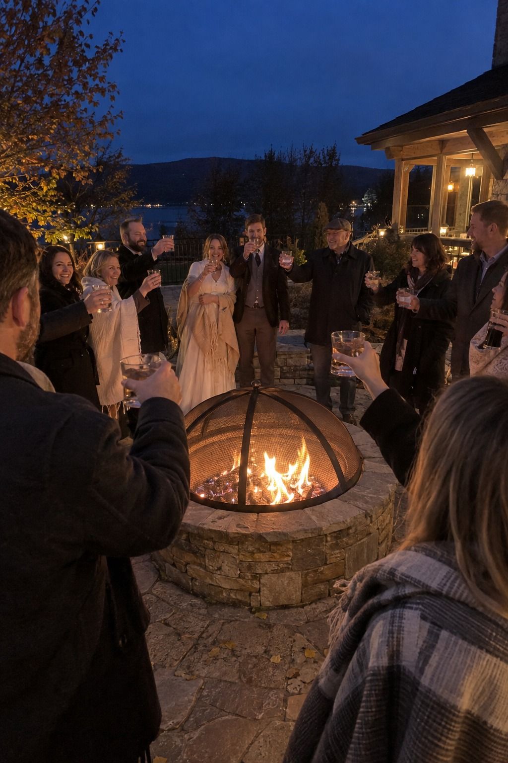 Guests stand well back around a permanent stone fire pit with a metal spark screen for a final blue-hour toast.