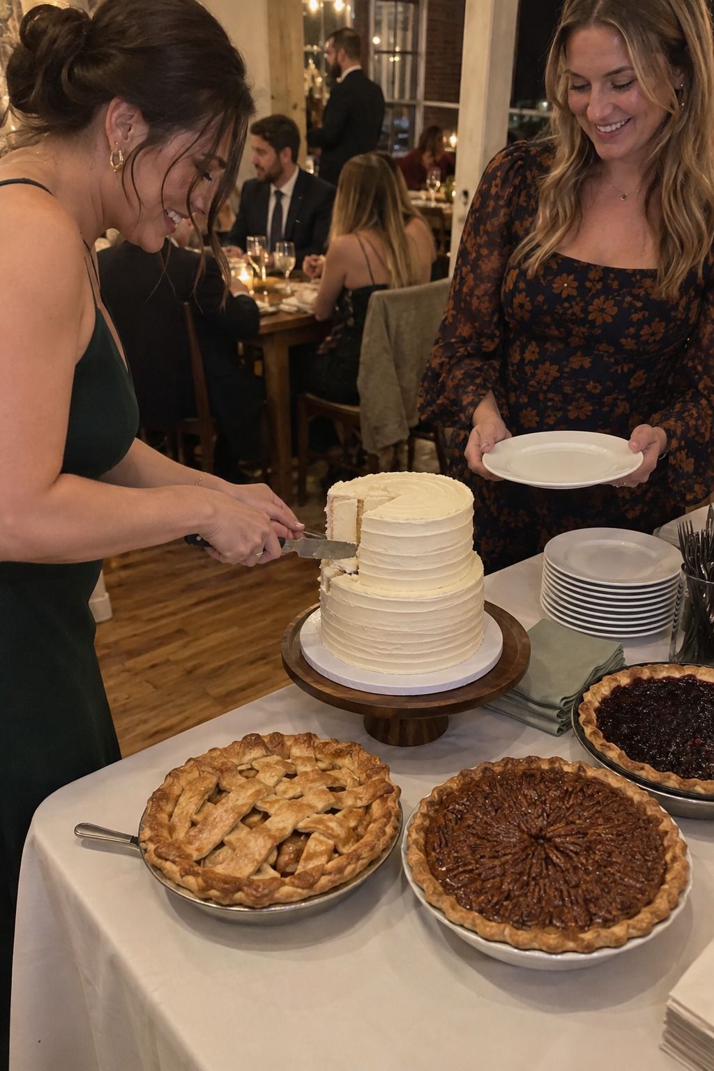 A guest cuts a modest two-tier cake beside three seasonal pies on a completely flower-free dessert table.