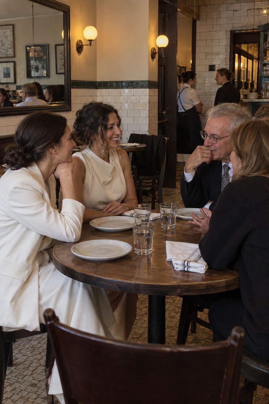 Two women newlyweds linger with relatives at a cleared plant-free bistro table while staff wait quietly.