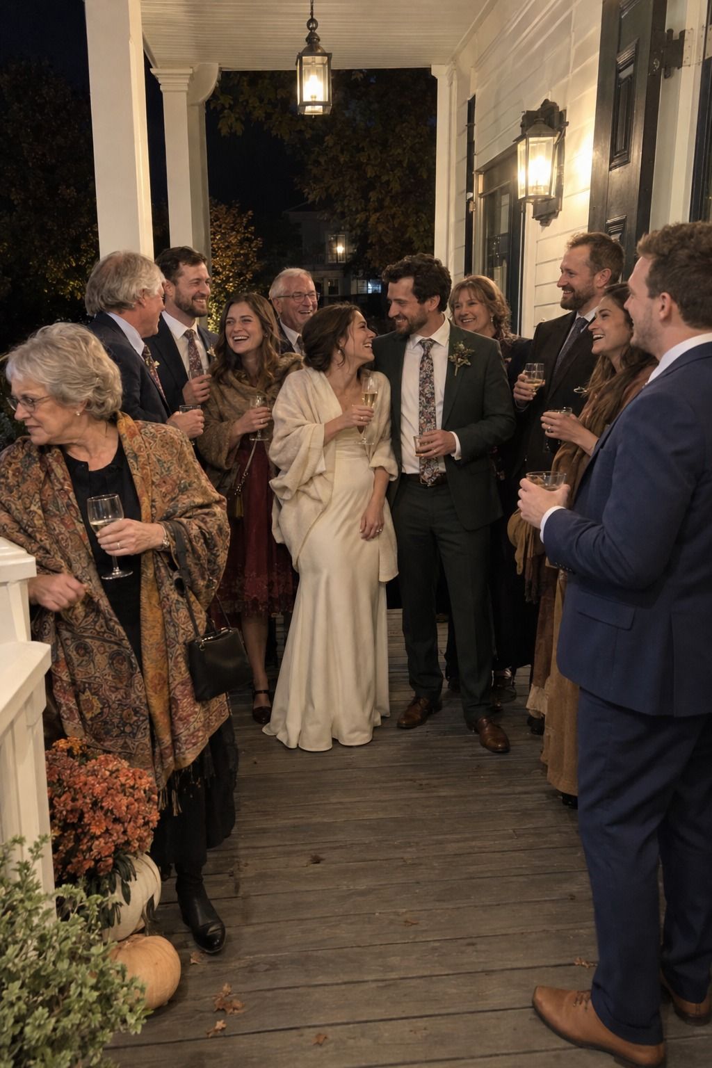 The couple and close family share one informal porch goodbye, with uneven grouping and a guest already turning away.