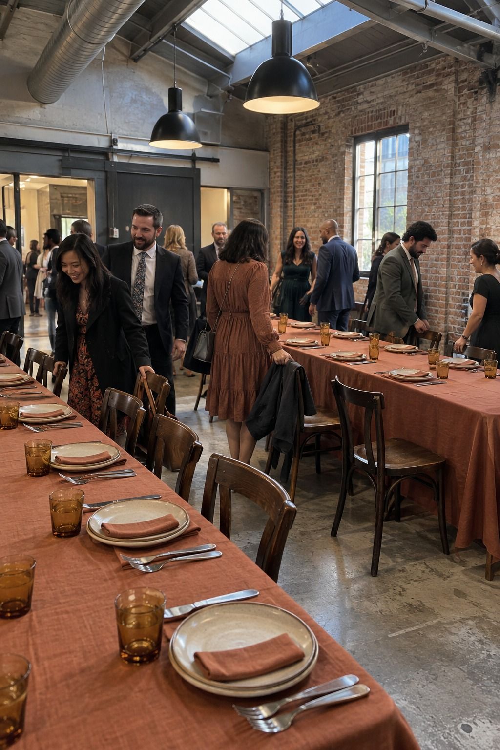 Guests arrive at two carefully finished rust-linen tables in a compact brewery loft with no flowers or flames.