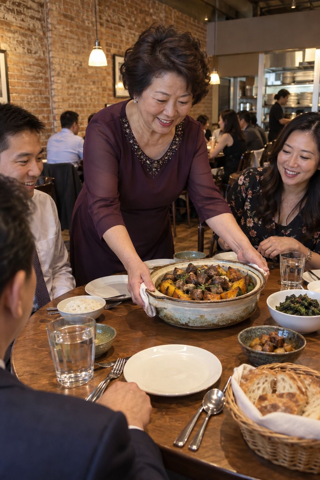 A Korean-American aunt sets a family ceramic casserole at a round restaurant table for a clearly hosted course.