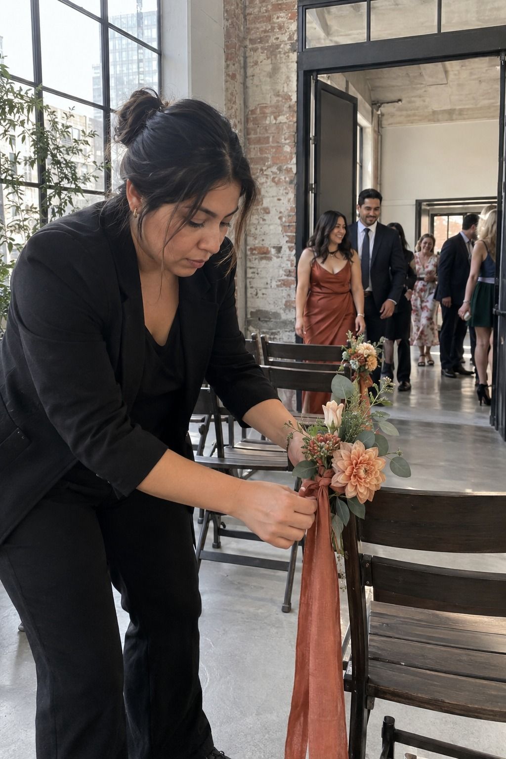 A coordinator secures one dahlia-and-ribbon detail to an aisle chair at adult eye level in a city loft.