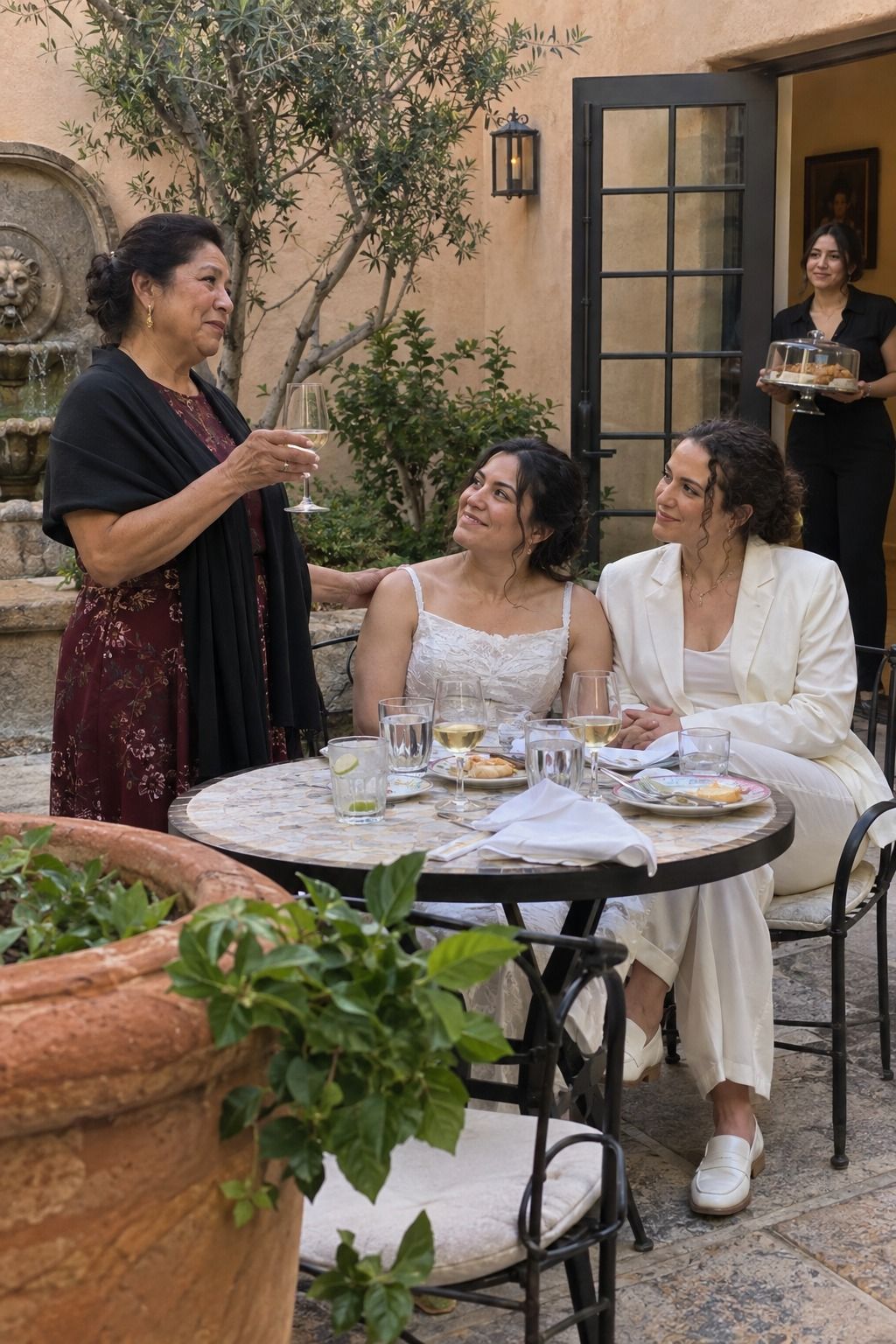 A mother gives a short courtyard toast to two women newlyweds while a friend waits with the covered dessert tray.