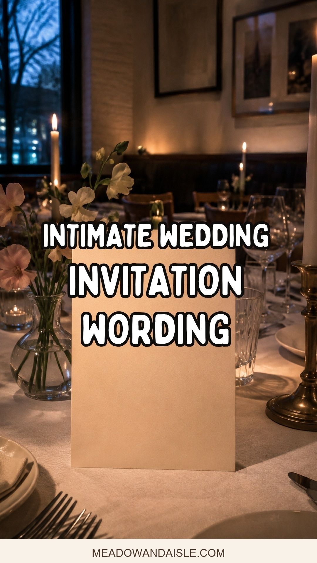 Intimate wedding invitation wording Pinterest pin over a candlelit reception invitation scene