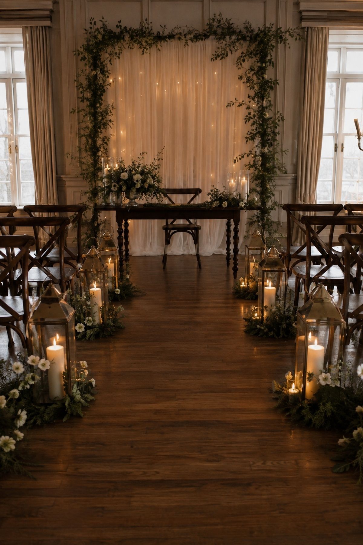 Candlelit aisle and ceremony backdrop