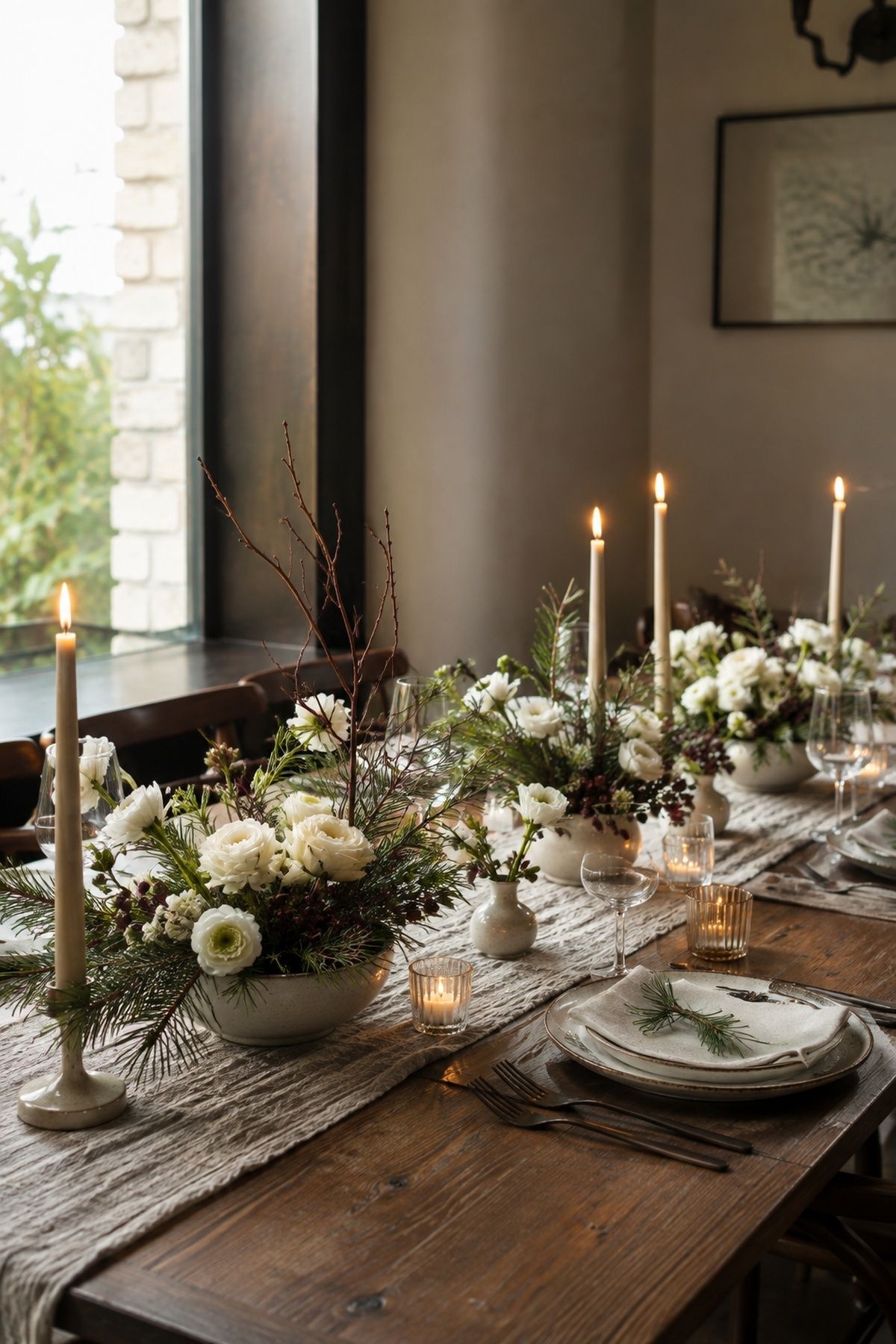 Low winter florals and greenery on the table
