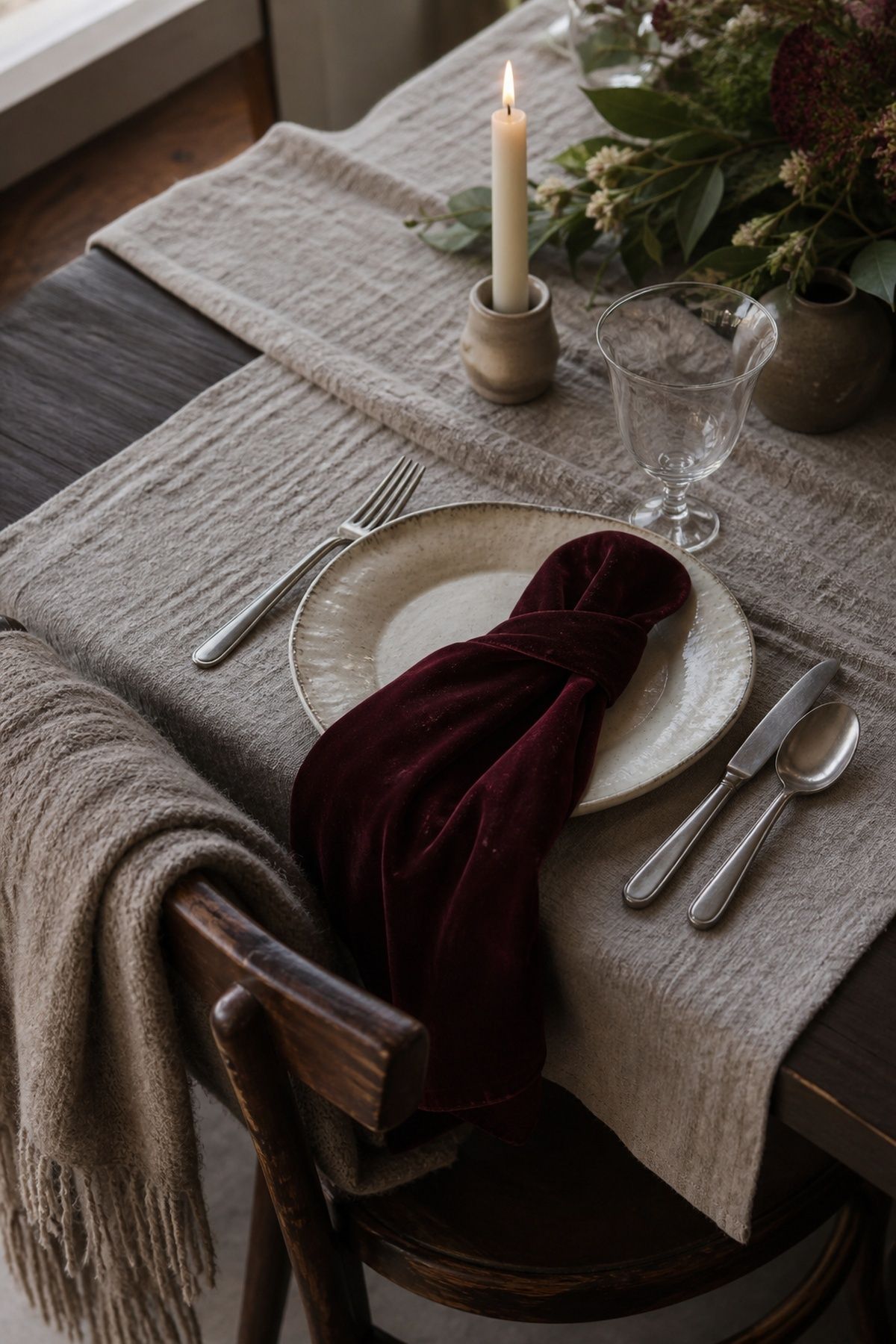 Linen, velvet, wool and ceramic textures in winter decor