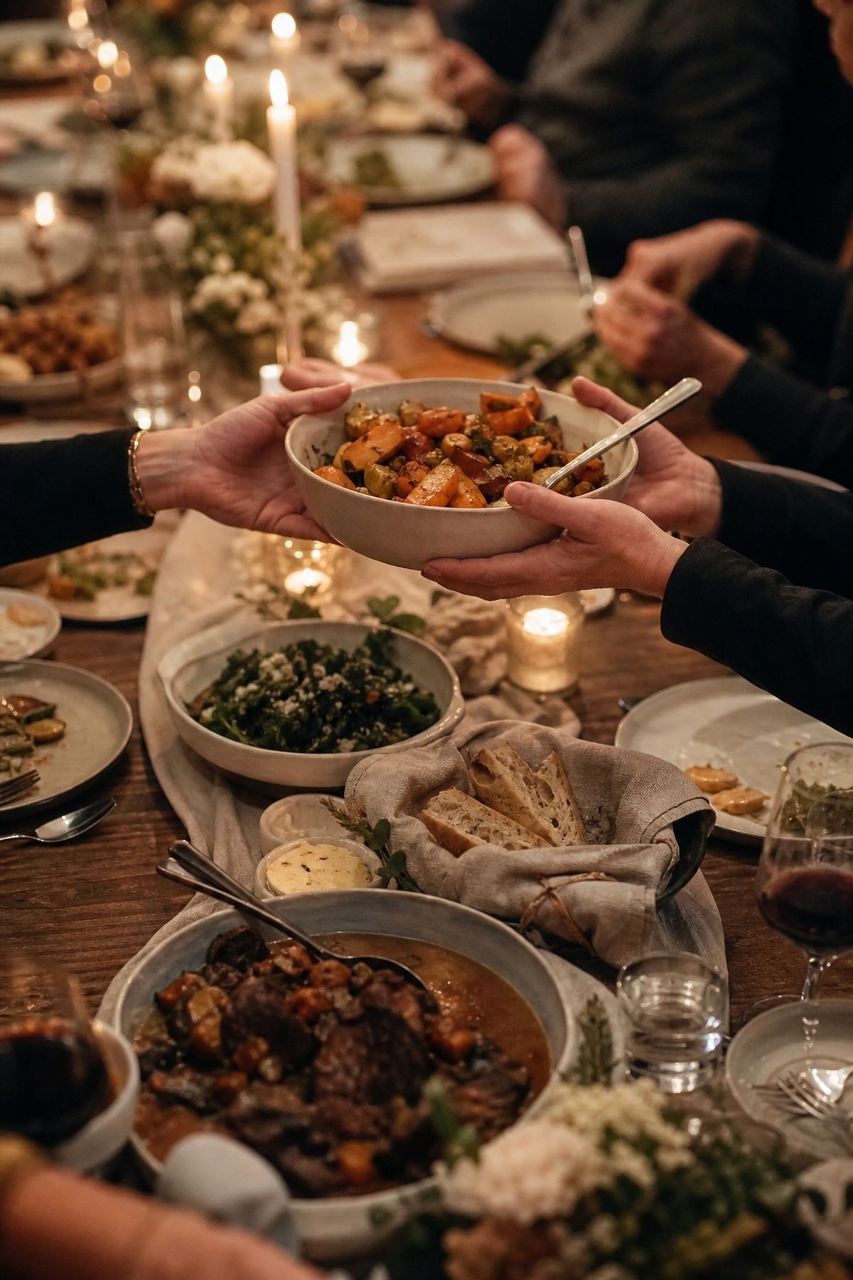 Family-style comfort food served at the table