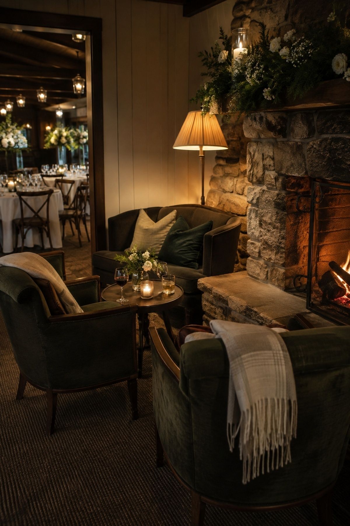 Fireside lounge lit by lamps