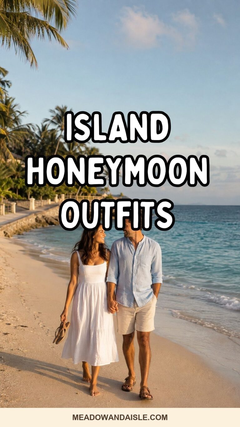 Pinterest pin showing a newlywed couple in breathable island honeymoon outfits