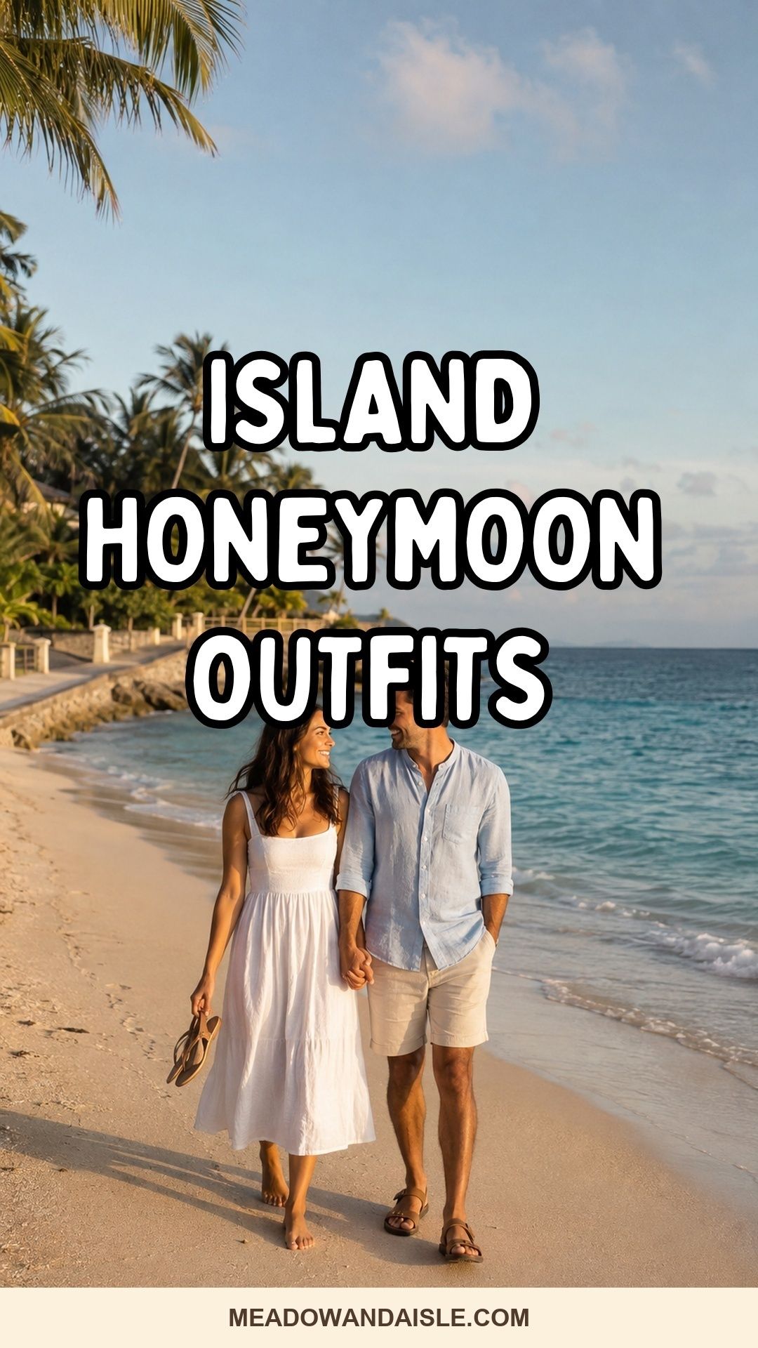 Pinterest pin showing a newlywed couple in breathable island honeymoon outfits