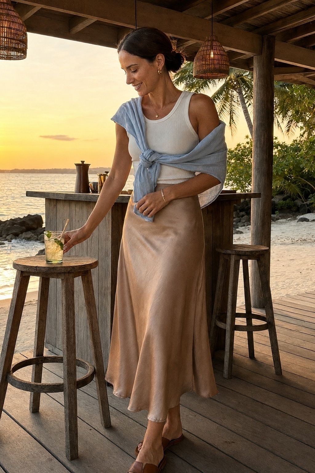 Newlywed styling a champagne slip skirt with a simple tank at a beach bar