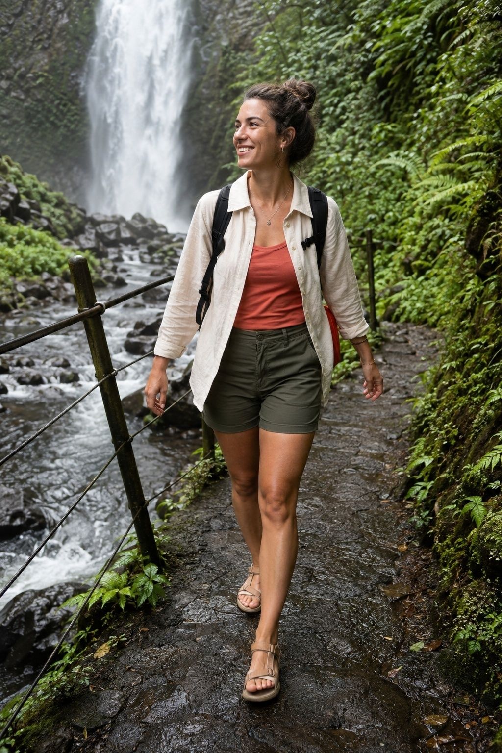 Newlywed wearing supportive walking sandals on a safe island waterfall trail