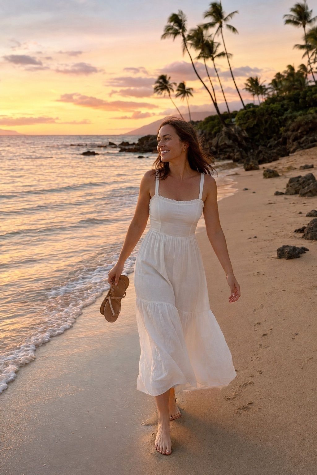 Newlywed in a flowing white cotton dress during an island honeymoon sunset