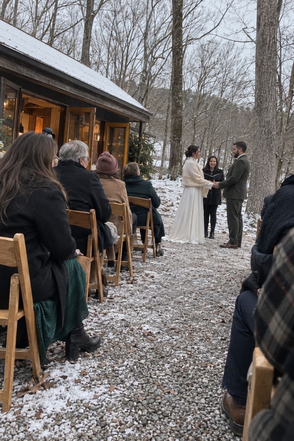 Short January outdoor wedding ceremony beside a warm inn entrance