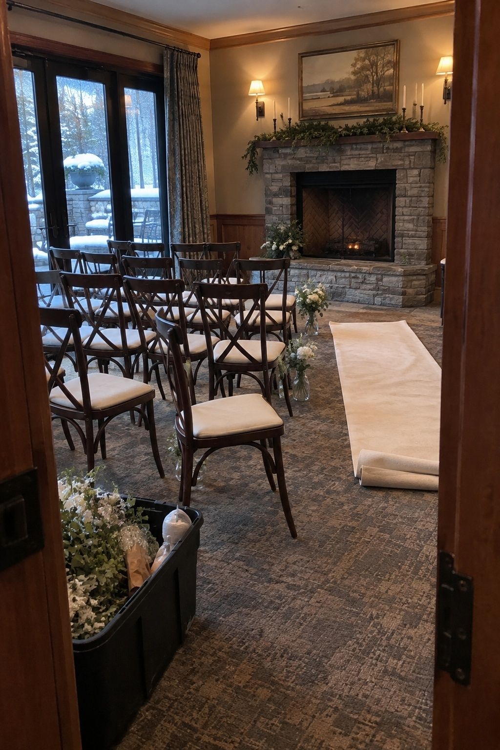 Heated inn room prepared as an intentional backup for a January wedding ceremony
