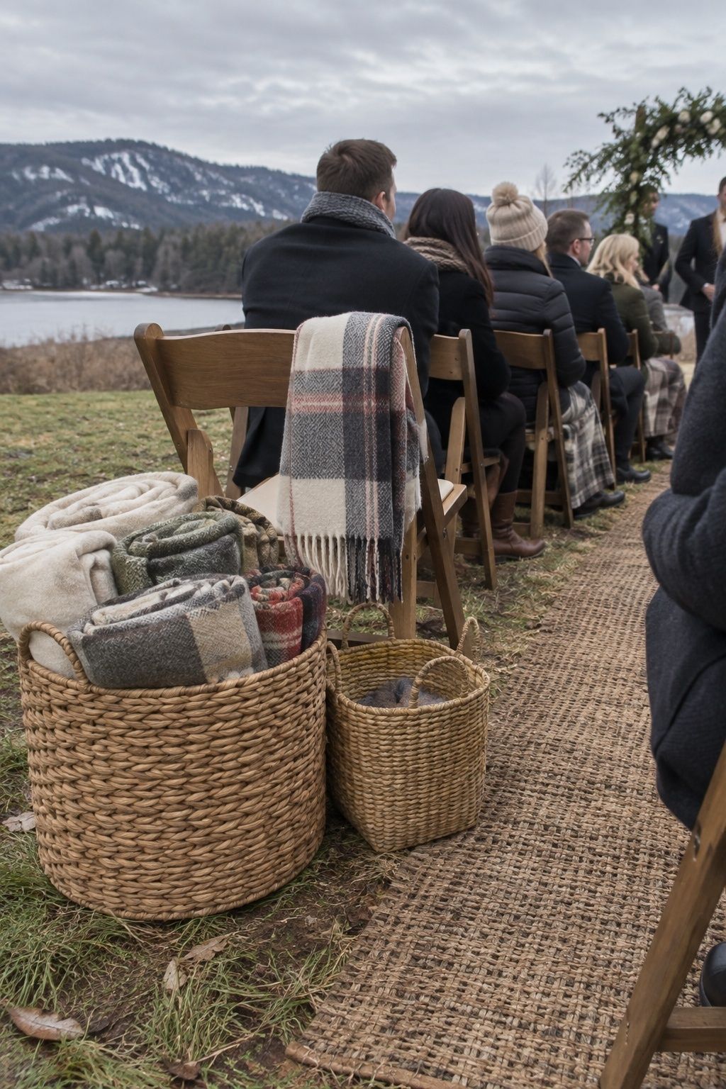 Basket of wool blankets beside seated guests at a winter wedding ceremony
