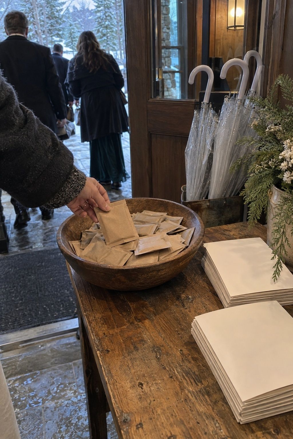 Hand warmer packets and ceremony programs at a January wedding entrance