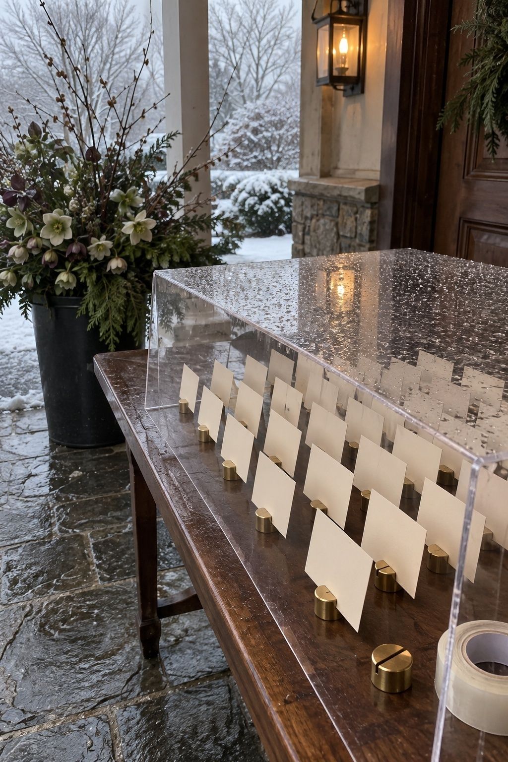 Weighted wedding cards under an acrylic rain cover beside sheltered winter flowers