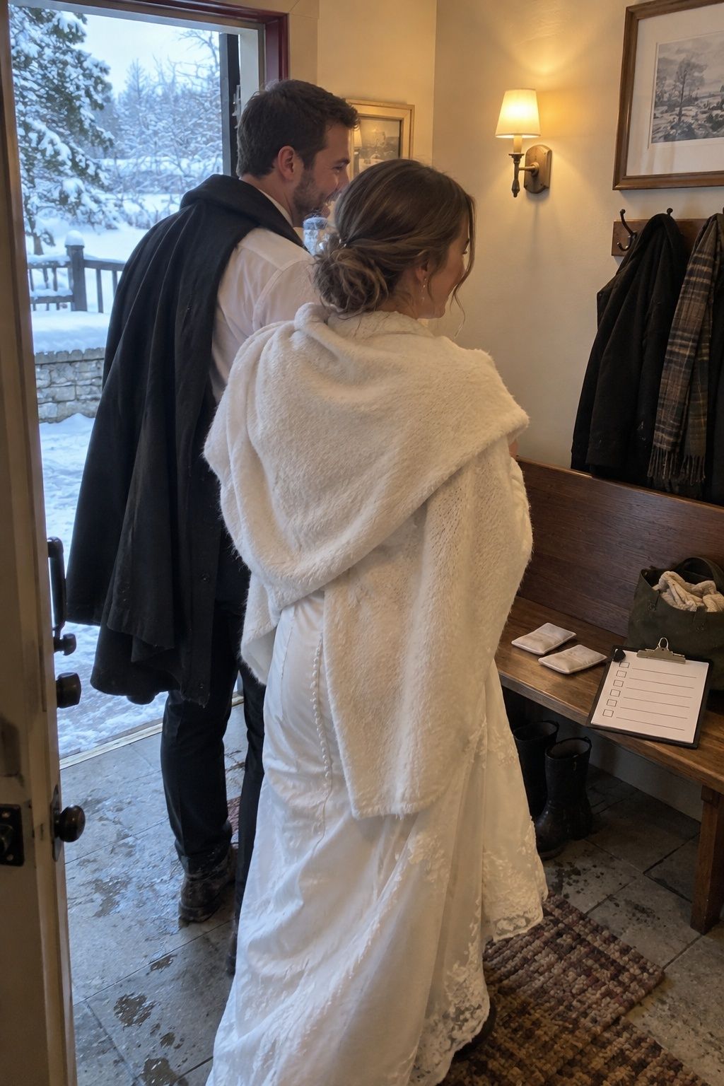 Newlyweds warming up indoors between short January portrait sessions