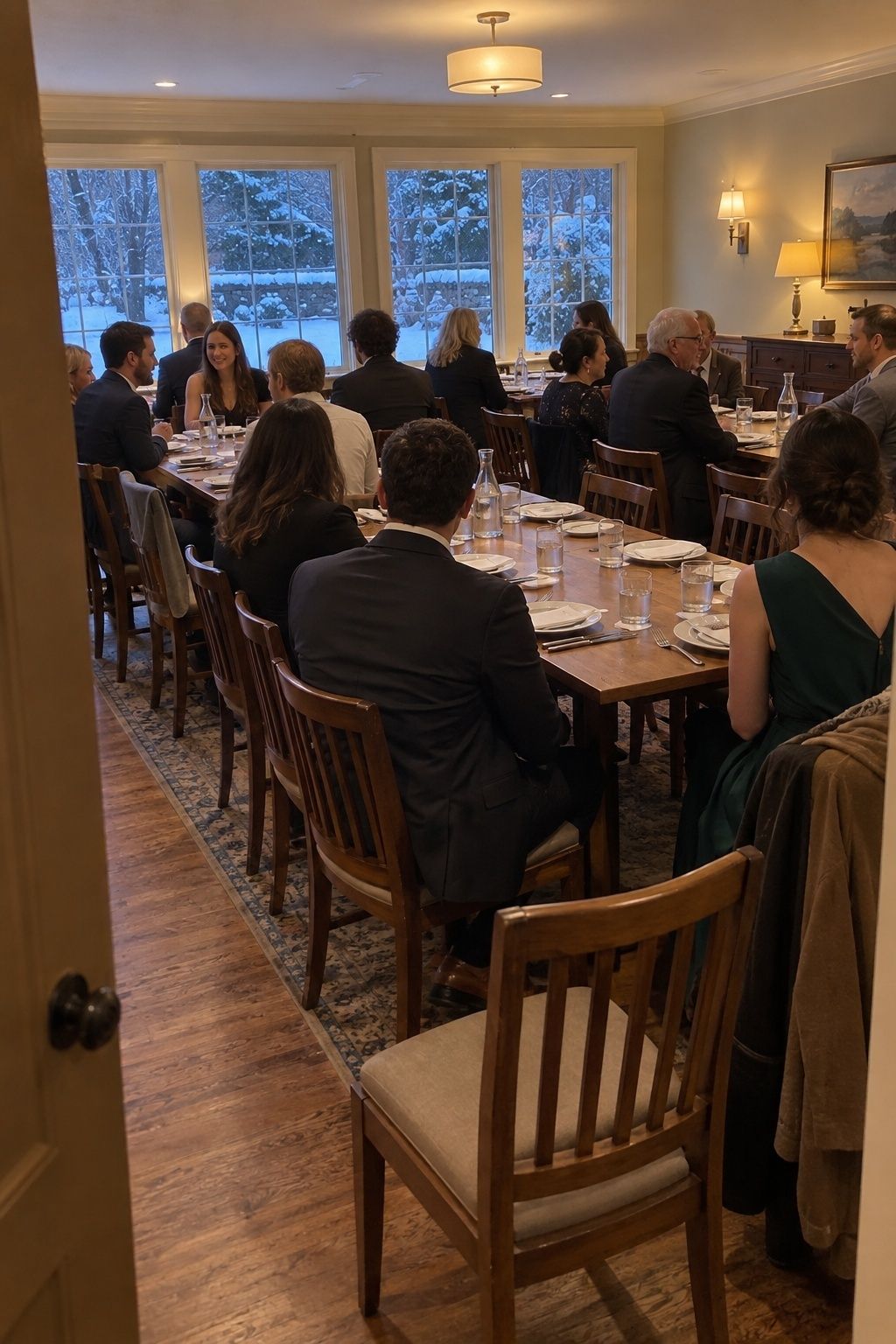 Warm indoor dinner room after a short outdoor January wedding ceremony