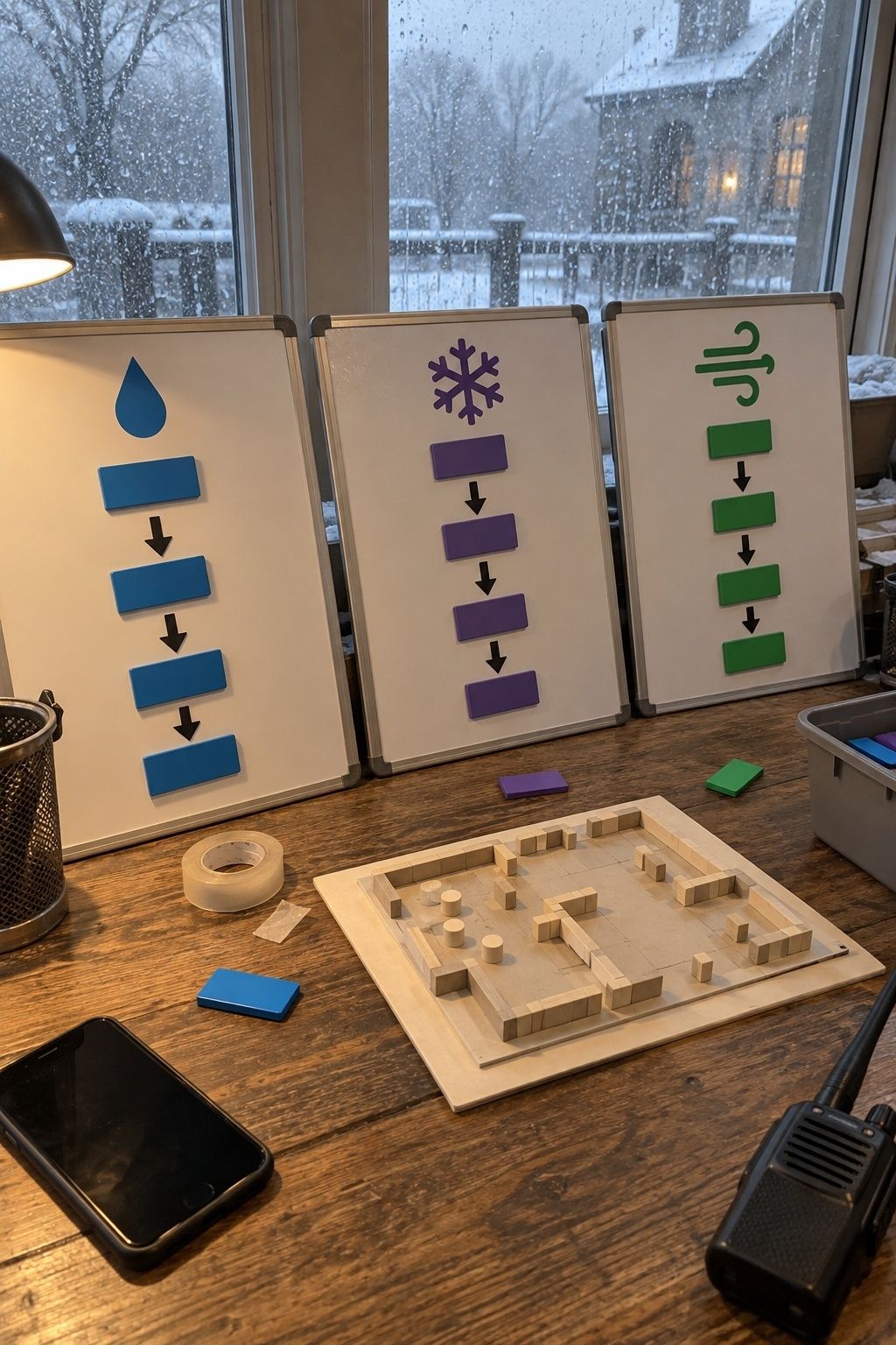 Wedding coordinator workspace with separate rain snow and wind timeline sheets