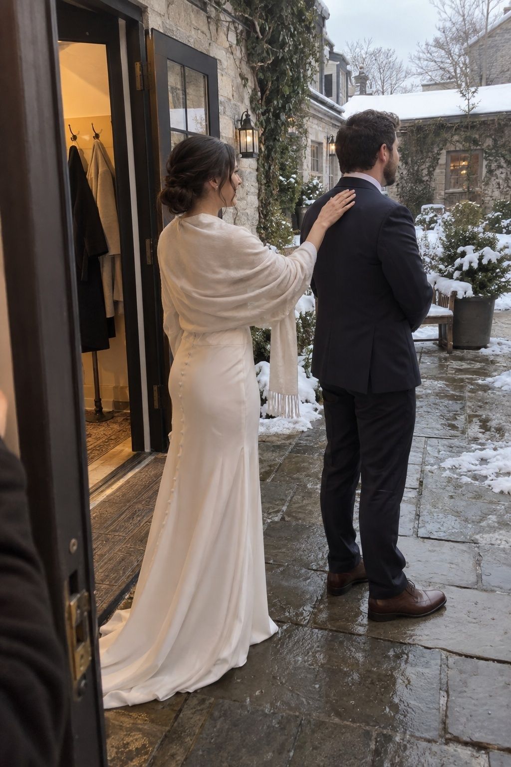Private January first look beside the open door of a warm inn