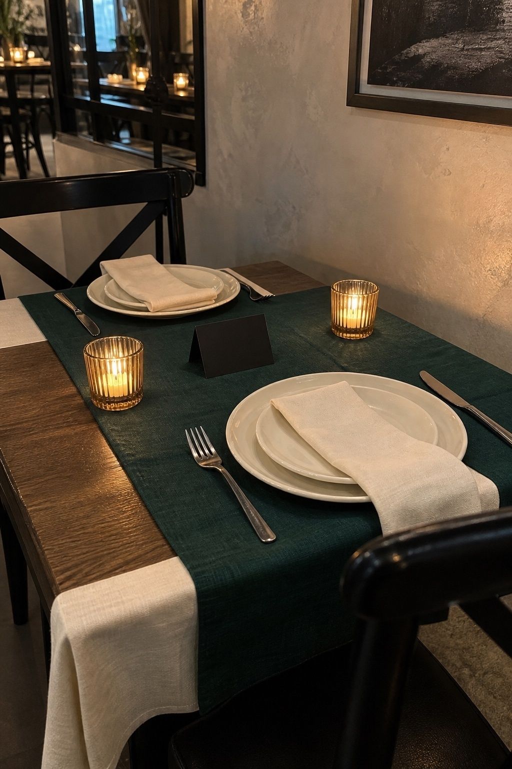 Emerald, black, and cream January wedding dinner colors