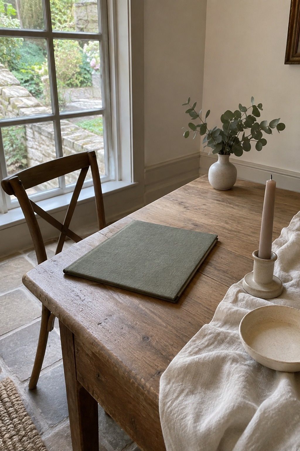 Sage, taupe, and cream January wedding signing table colors