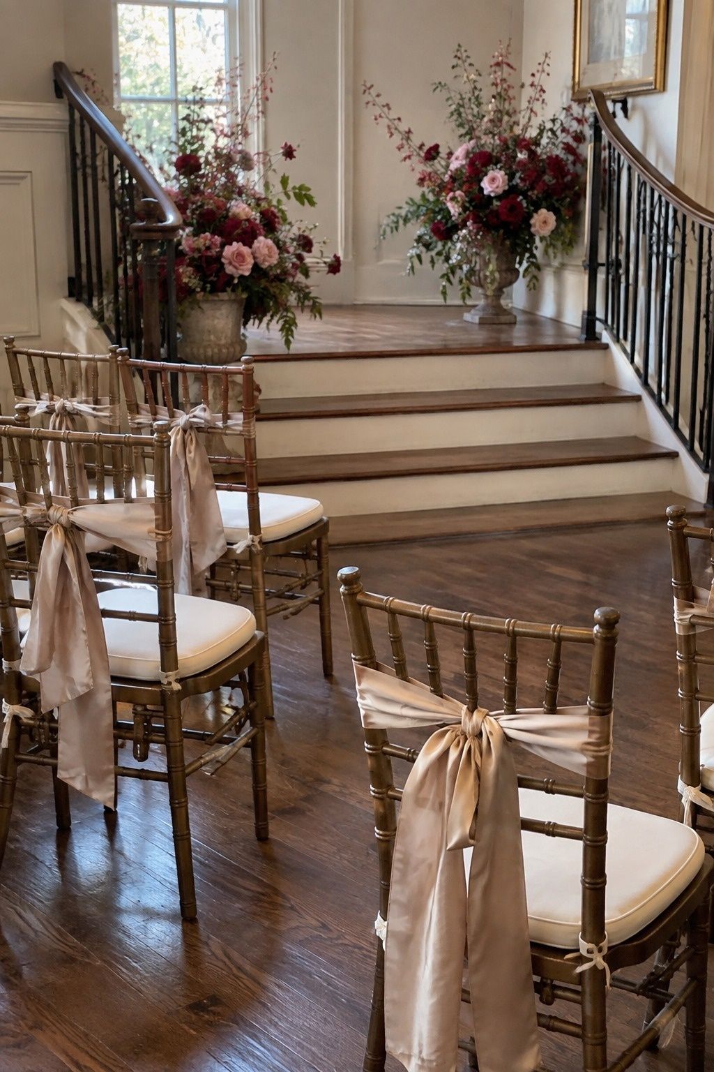 Ruby, rose, and champagne January wedding ceremony colors