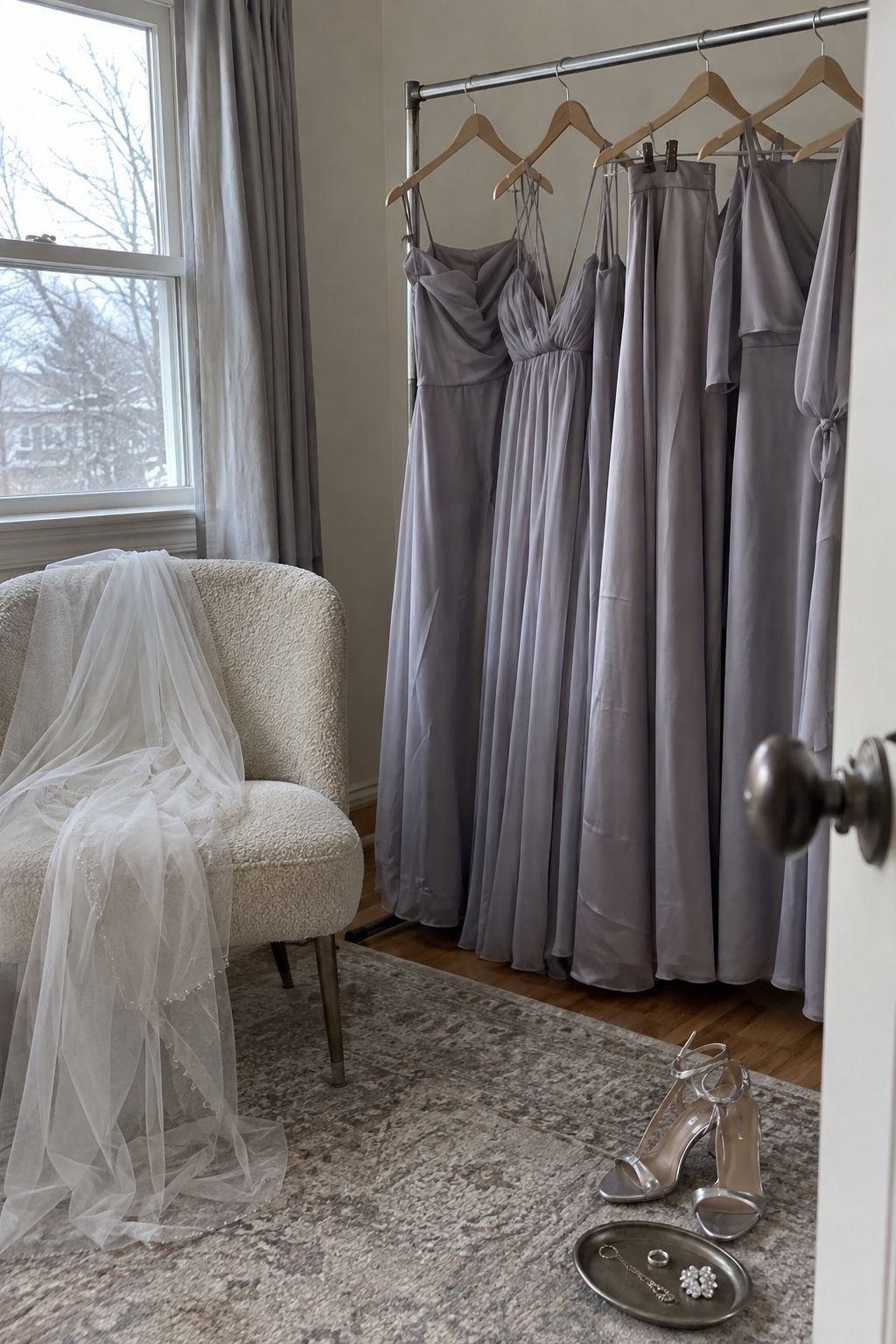 Lavender gray, white, and silver January bridal party colors