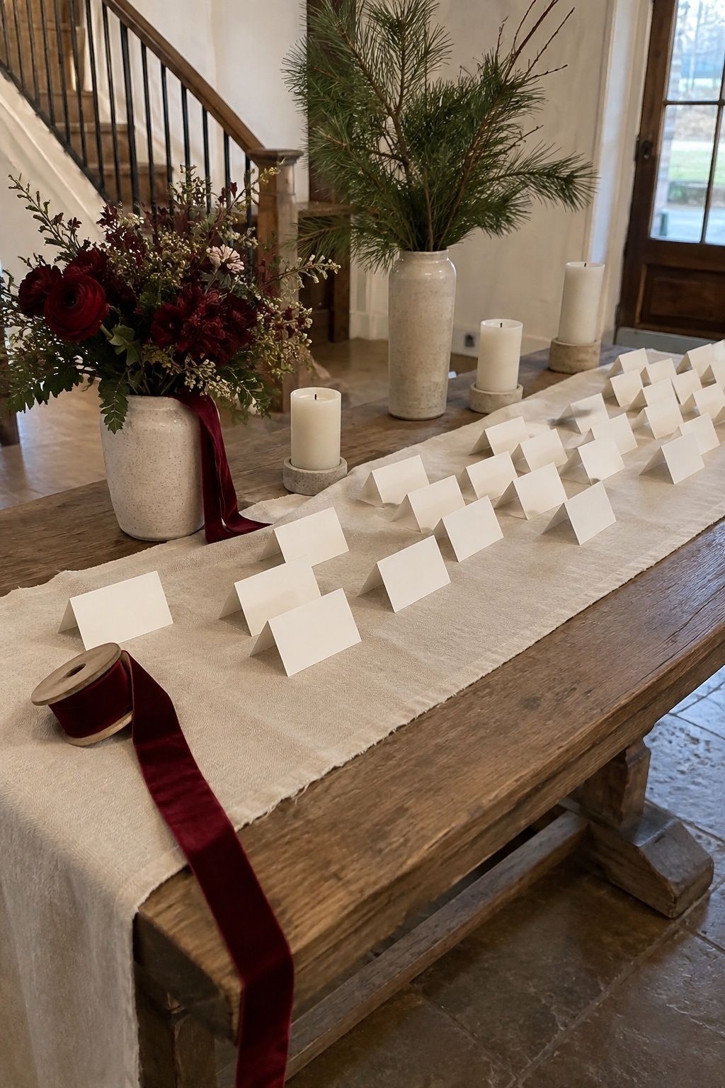 Cranberry, pine, and linen January wedding escort table colors