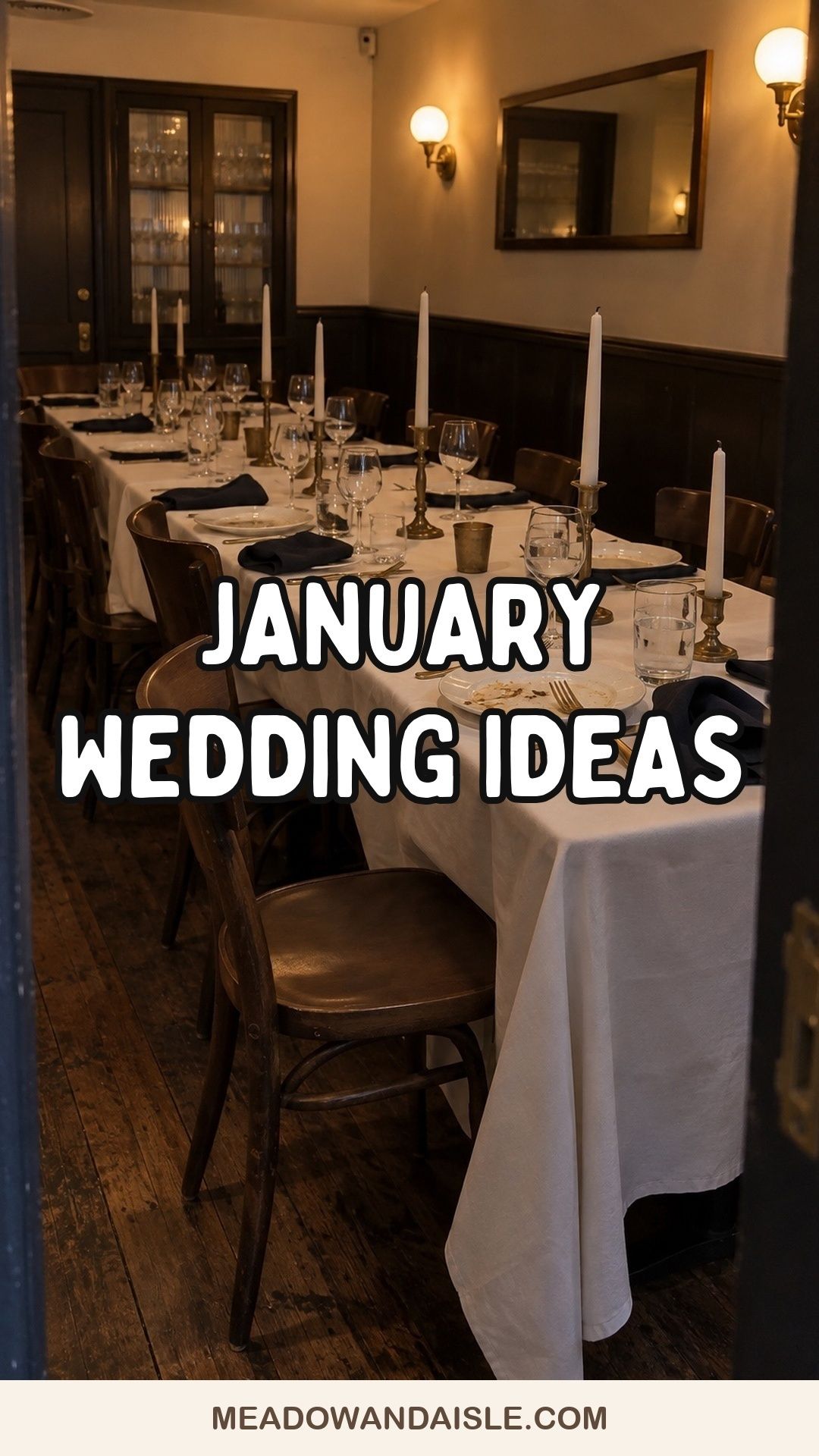 January wedding ideas Pinterest pin over an intimate ivory, black, cocoa, and brass winter reception.