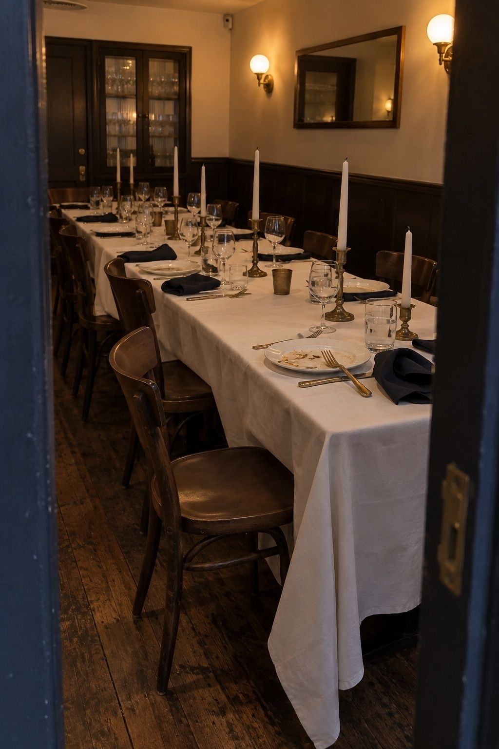 Intimate January wedding supper-club reception in ivory, black, cocoa, and brass.